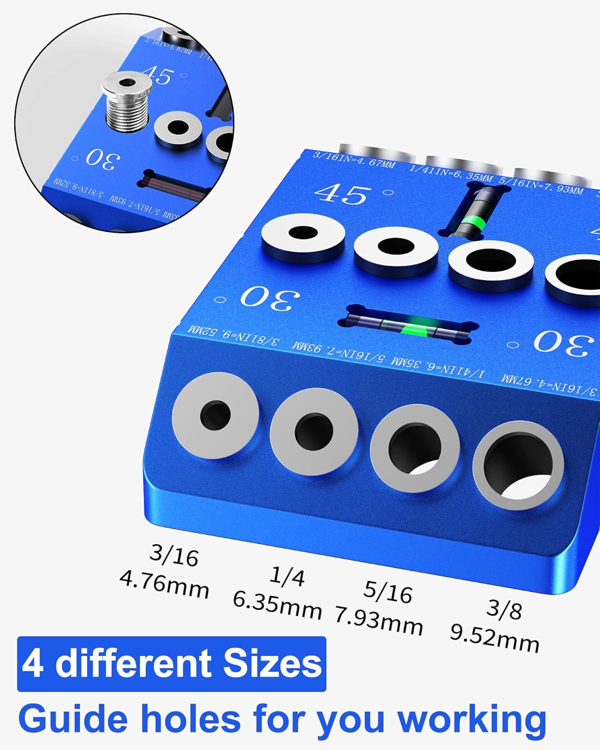 Aluminum 30/45/90° Angle Drill Guide Jig for Woodworking - Precision Angled and Straight Hole Drilling with Bubble Level, for Stair Handrail, Deck Post, Cable Railing, Furniture Assembly