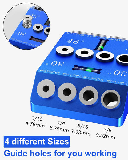 Aluminum 30/45/90° Angle Drill Guide Jig for Woodworking - Precision Angled and Straight Hole Drilling with Bubble Level, for Stair Handrail, Deck Post, Cable Railing, Furniture Assembly