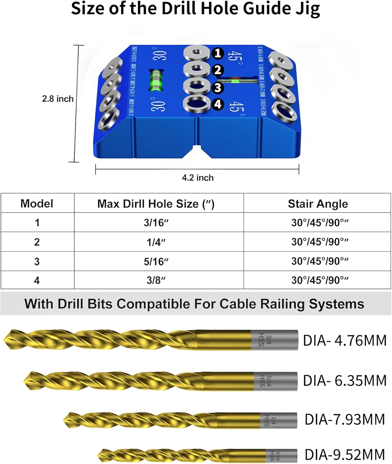 Aluminum 30/45/90° Angle Drill Guide Jig for Woodworking - Precision Angled and Straight Hole Drilling with Bubble Level, for Stair Handrail, Deck Post, Cable Railing, Furniture Assembly