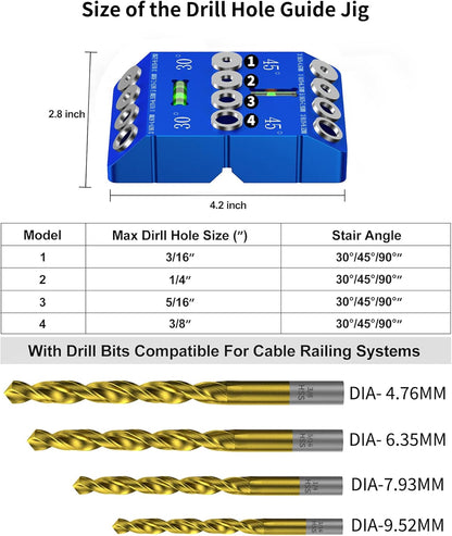Aluminum 30/45/90° Angle Drill Guide Jig for Woodworking - Precision Angled and Straight Hole Drilling with Bubble Level, for Stair Handrail, Deck Post, Cable Railing, Furniture Assembly