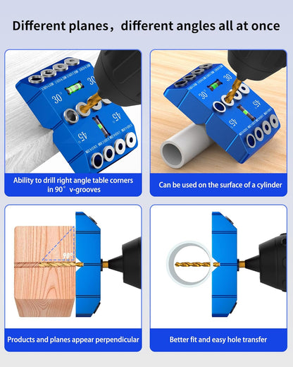 Aluminum 30/45/90° Angle Drill Guide Jig for Woodworking - Precision Angled and Straight Hole Drilling with Bubble Level, for Stair Handrail, Deck Post, Cable Railing, Furniture Assembly