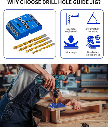 Aluminum 30/45/90° Angle Drill Guide Jig for Woodworking - Precision Angled and Straight Hole Drilling with Bubble Level, for Stair Handrail, Deck Post, Cable Railing, Furniture Assembly