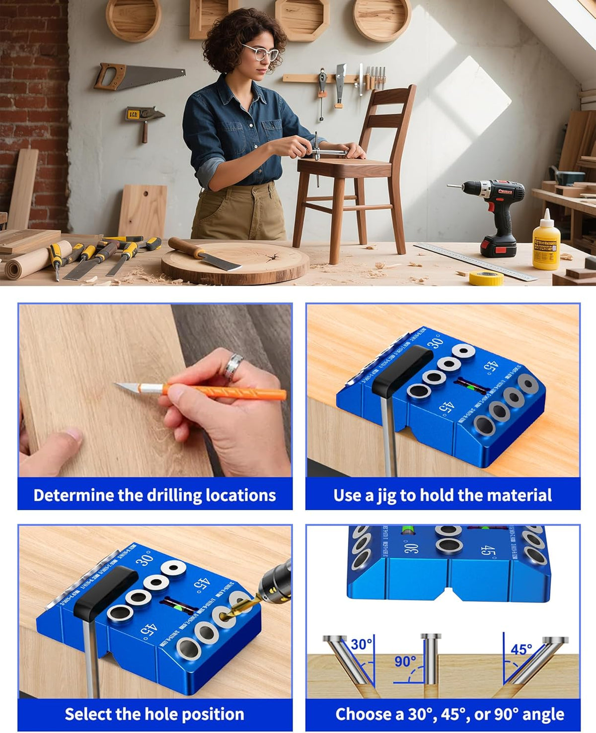 Aluminum 30/45/90° Angle Drill Guide Jig for Woodworking - Precision Angled and Straight Hole Drilling with Bubble Level, for Stair Handrail, Deck Post, Cable Railing, Furniture Assembly