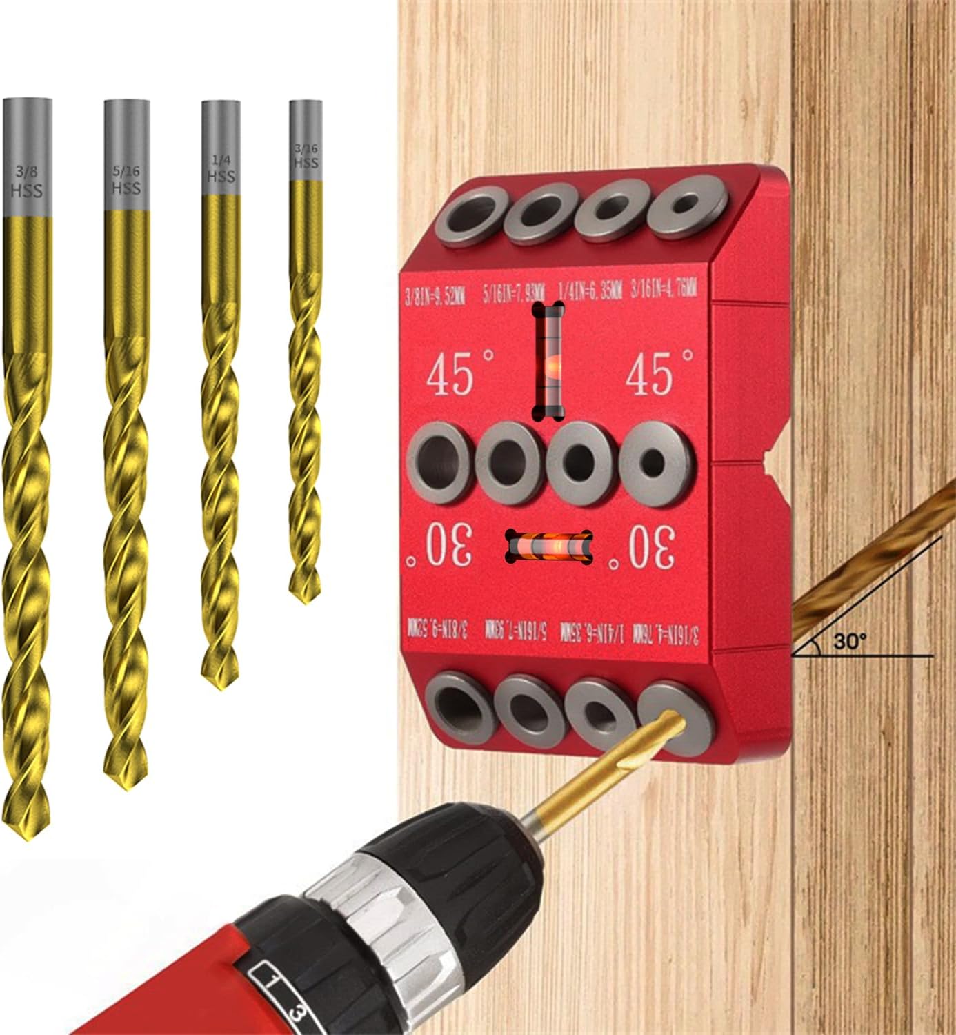 Aluminum 30/45/90° Angle Drill Guide Jig for Woodworking - Precision Angled and Straight Hole Drilling with Bubble Level, for Stair Handrail, Deck Post, Cable Railing, Furniture Assembly