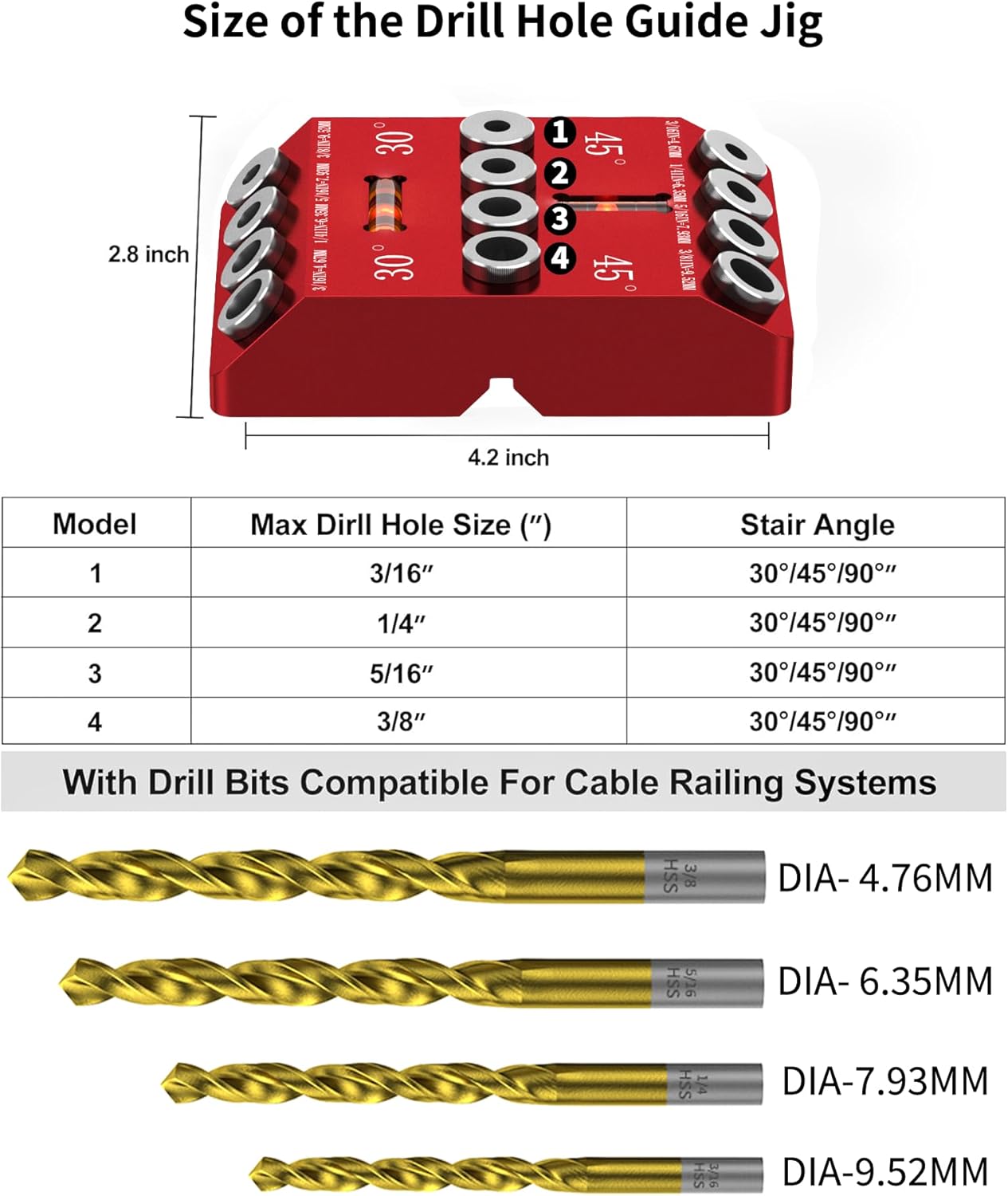 Aluminum 30/45/90° Angle Drill Guide Jig for Woodworking - Precision Angled and Straight Hole Drilling with Bubble Level, for Stair Handrail, Deck Post, Cable Railing, Furniture Assembly