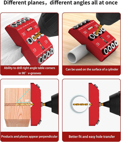 Aluminum 30/45/90° Angle Drill Guide Jig for Woodworking - Precision Angled and Straight Hole Drilling with Bubble Level, for Stair Handrail, Deck Post, Cable Railing, Furniture Assembly