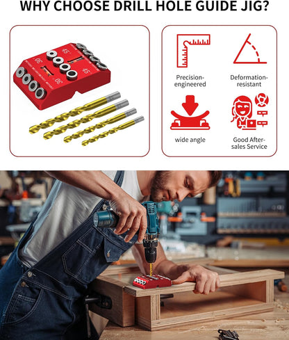 Aluminum 30/45/90° Angle Drill Guide Jig for Woodworking - Precision Angled and Straight Hole Drilling with Bubble Level, for Stair Handrail, Deck Post, Cable Railing, Furniture Assembly
