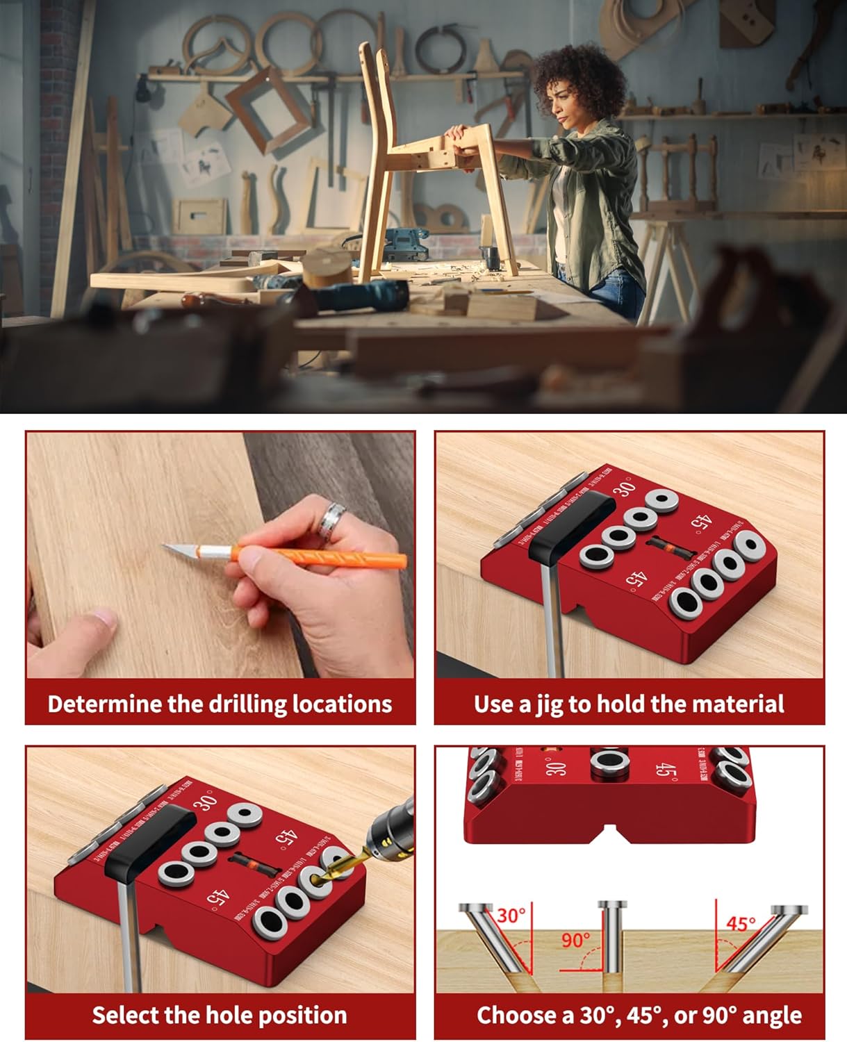 Aluminum 30/45/90° Angle Drill Guide Jig for Woodworking - Precision Angled and Straight Hole Drilling with Bubble Level, for Stair Handrail, Deck Post, Cable Railing, Furniture Assembly