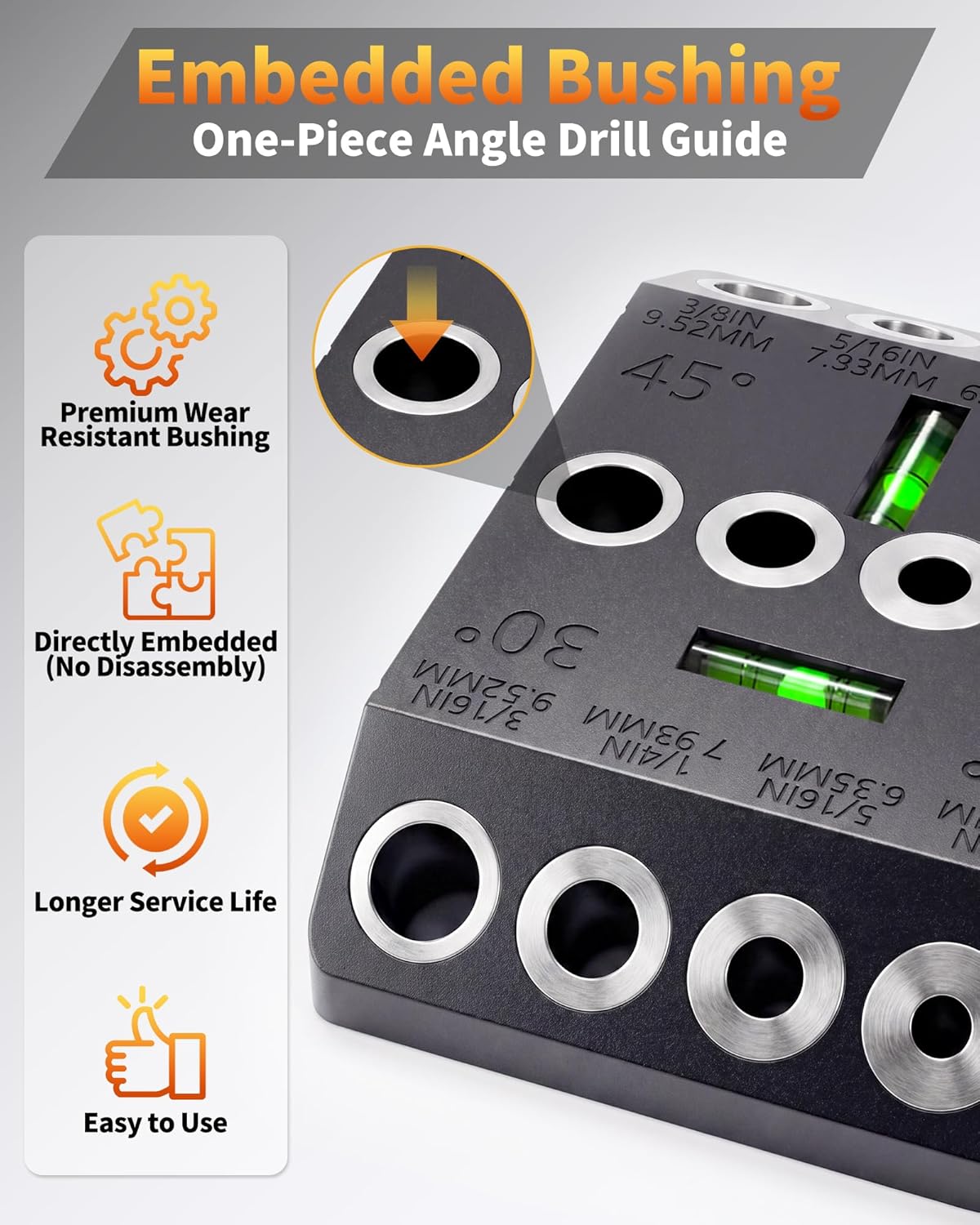 Aluminum 30/45/90° Angle Drill Guide Jig for Woodworking - Precision Angled and Straight Hole Drilling with Bubble Level, for Stair Handrail, Deck Post, Cable Railing, Furniture Assembly
