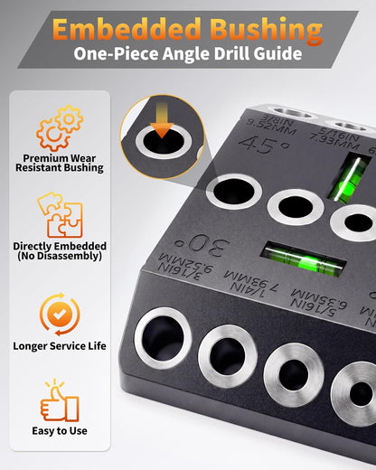 Aluminum 30/45/90° Angle Drill Guide Jig for Woodworking - Precision Angled and Straight Hole Drilling with Bubble Level, for Stair Handrail, Deck Post, Cable Railing, Furniture Assembly