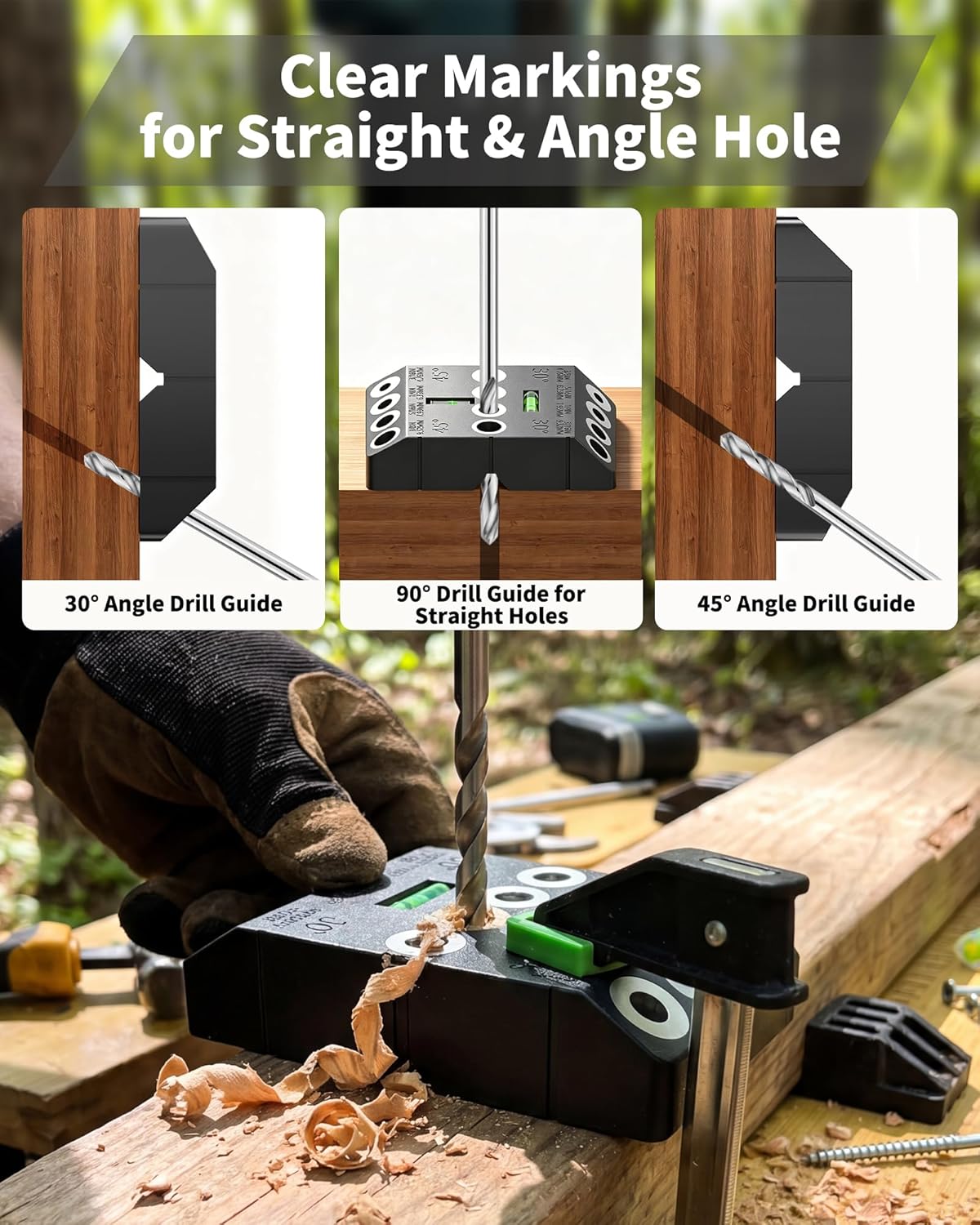 Aluminum 30/45/90° Angle Drill Guide Jig for Woodworking - Precision Angled and Straight Hole Drilling with Bubble Level, for Stair Handrail, Deck Post, Cable Railing, Furniture Assembly