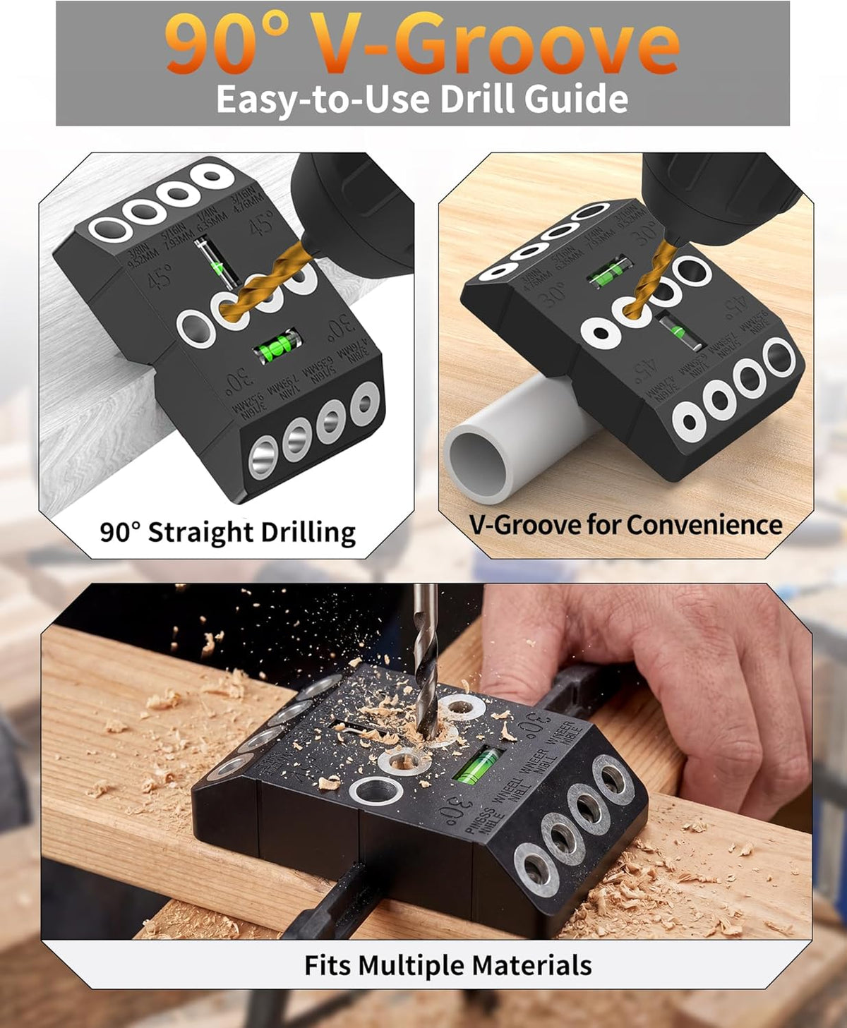 Aluminum 30/45/90° Angle Drill Guide Jig for Woodworking - Precision Angled and Straight Hole Drilling with Bubble Level, for Stair Handrail, Deck Post, Cable Railing, Furniture Assembly