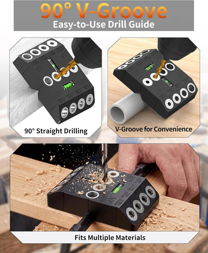 Aluminum 30/45/90° Angle Drill Guide Jig for Woodworking - Precision Angled and Straight Hole Drilling with Bubble Level, for Stair Handrail, Deck Post, Cable Railing, Furniture Assembly