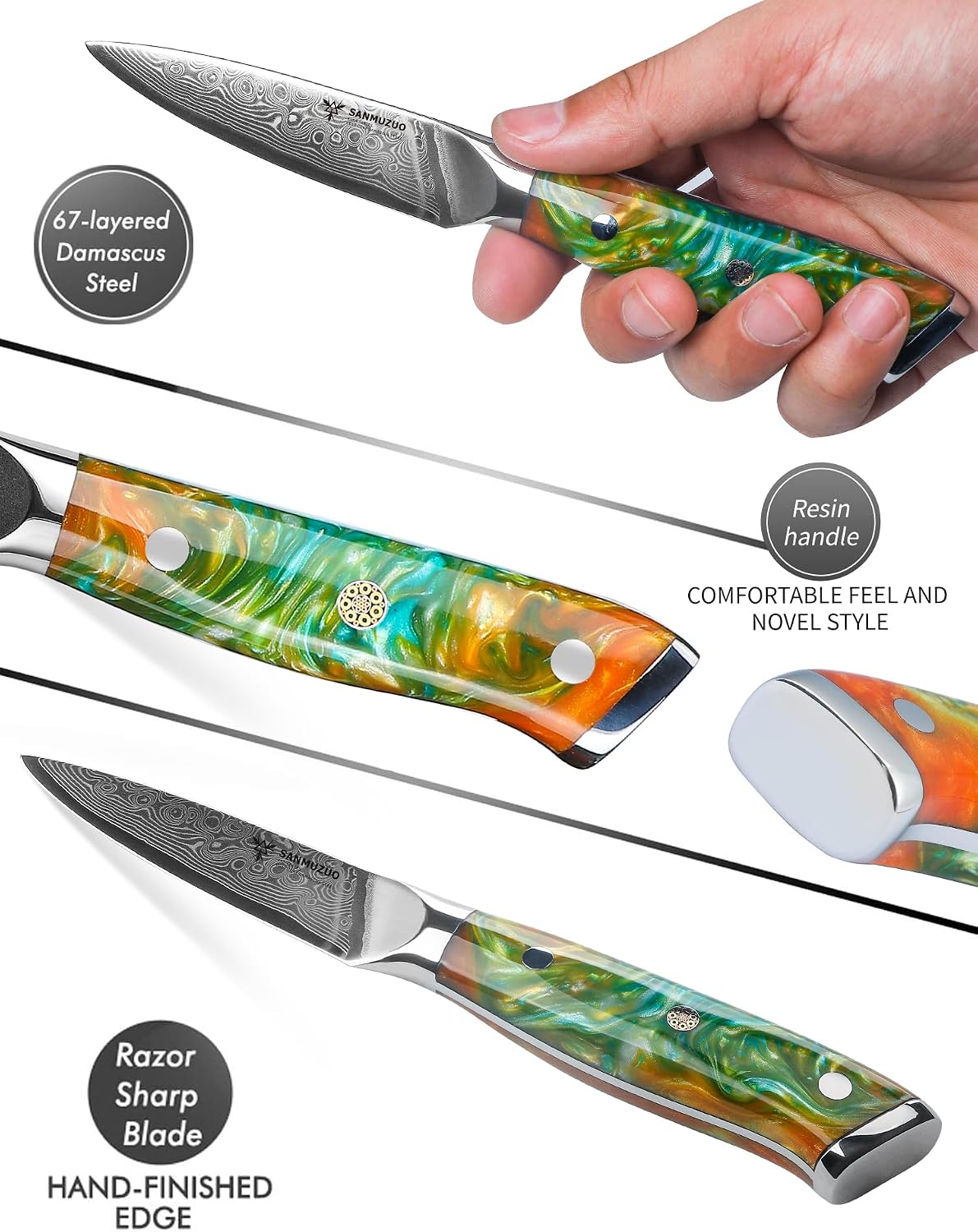 3.5 Inch Paring Knife - Kitchen Fruit Peeling Knife Damascus Steel & Resin Handle - Xuan Series(Sapphire Blue)