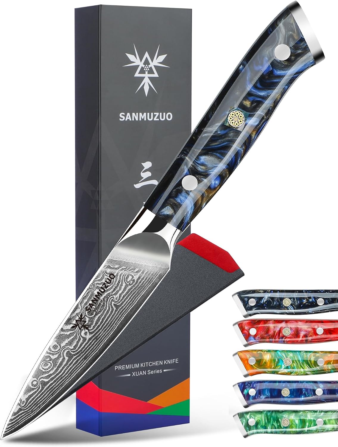 3.5 Inch Paring Knife - Kitchen Fruit Peeling Knife Damascus Steel & Resin Handle - Xuan Series(Sapphire Blue)