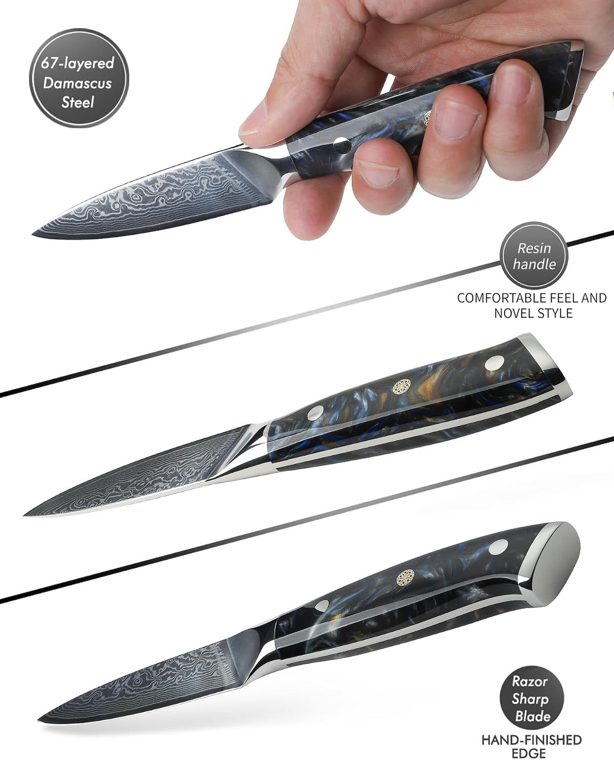 3.5 Inch Paring Knife - Kitchen Fruit Peeling Knife Damascus Steel & Resin Handle - Xuan Series(Sapphire Blue)