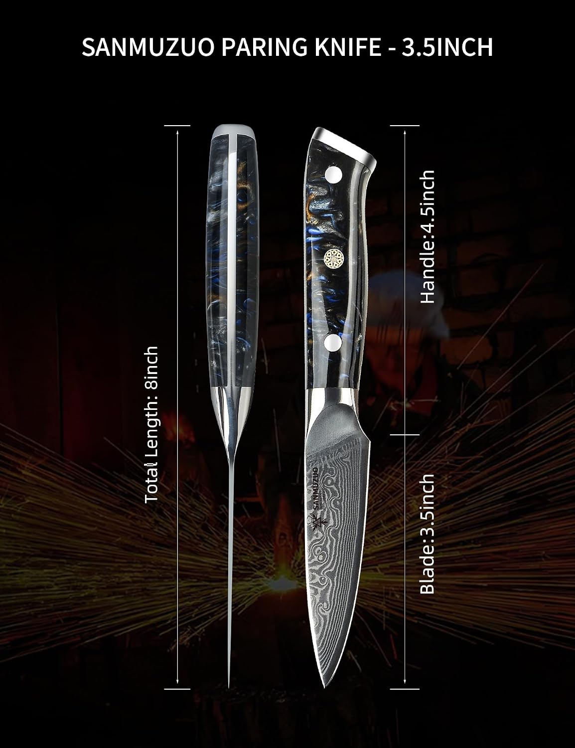 3.5 Inch Paring Knife - Kitchen Fruit Peeling Knife Damascus Steel & Resin Handle - Xuan Series(Sapphire Blue)