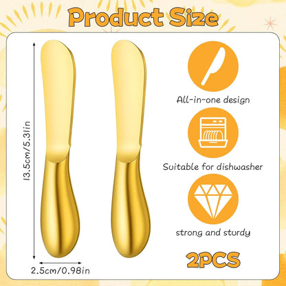 Butter Spreader Knives 2 Packs Gold Butter Knives Stainless Steel Cheese and Butters Knive Set Blunt Edge Spreader for Cheese Cream Jam Spreading