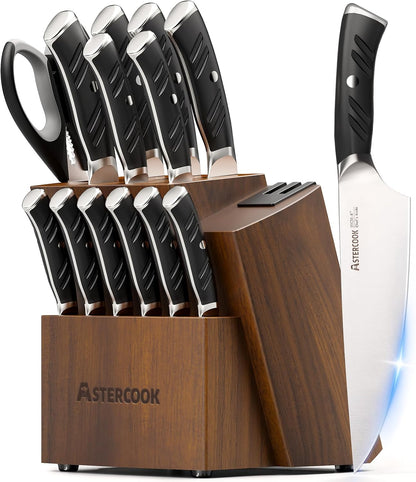 Knife Set, Kitchen Knives Set with Block and Dual Sharpener Full Tang 15 Pcs German Stainless Steel Knives Sharp Blade Dishwasher Safe Knife Set with Ergonomic Handle, Elegant Black