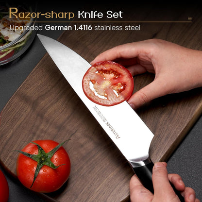 Knife Set, Kitchen Knives Set with Block and Dual Sharpener Full Tang 15 Pcs German Stainless Steel Knives Sharp Blade Dishwasher Safe Knife Set with Ergonomic Handle, Elegant Black