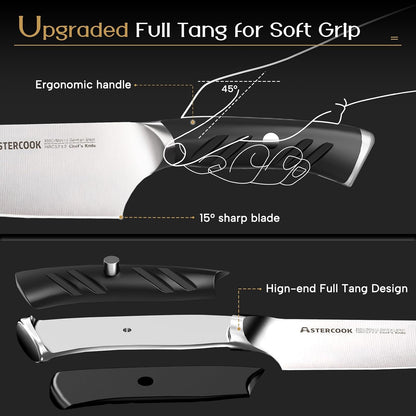 Knife Set, Kitchen Knives Set with Block and Dual Sharpener Full Tang 15 Pcs German Stainless Steel Knives Sharp Blade Dishwasher Safe Knife Set with Ergonomic Handle, Elegant Black