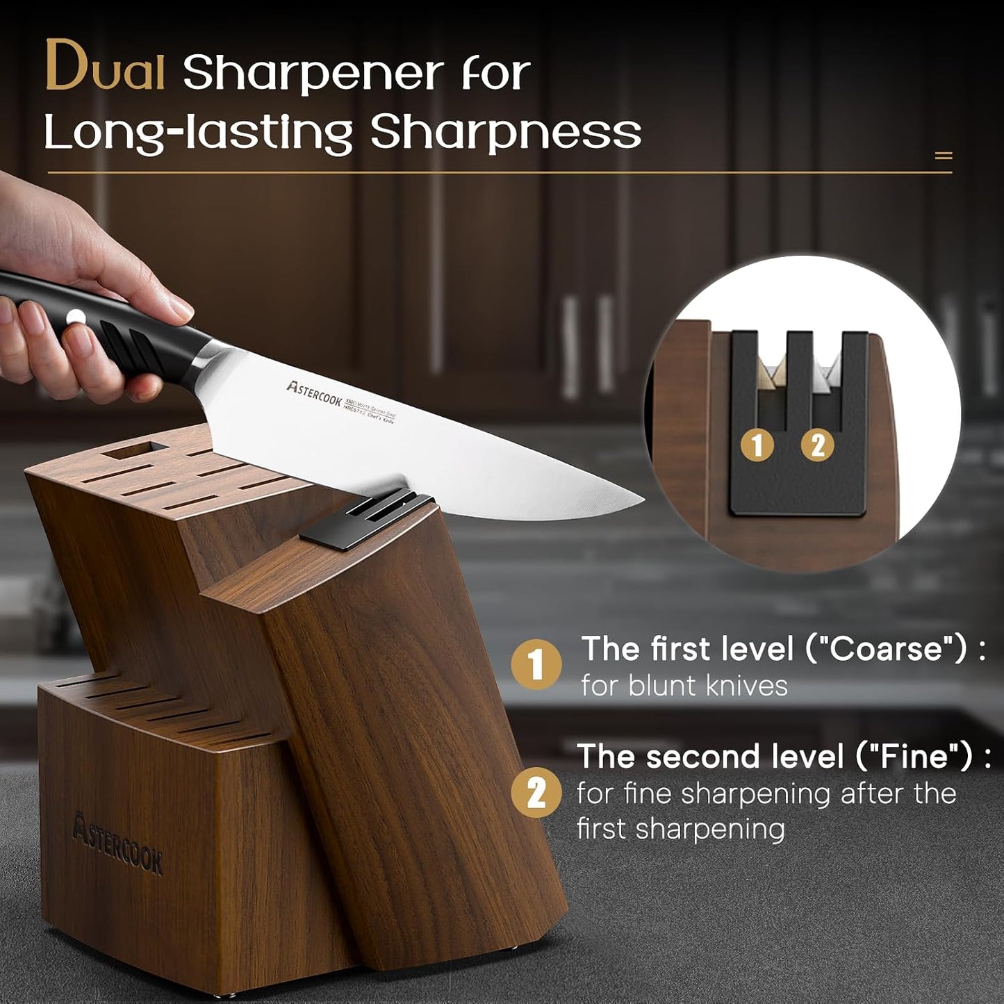Knife Set, Kitchen Knives Set with Block and Dual Sharpener Full Tang 15 Pcs German Stainless Steel Knives Sharp Blade Dishwasher Safe Knife Set with Ergonomic Handle, Elegant Black