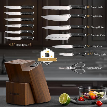 Knife Set, Kitchen Knives Set with Block and Dual Sharpener Full Tang 15 Pcs German Stainless Steel Knives Sharp Blade Dishwasher Safe Knife Set with Ergonomic Handle, Elegant Black