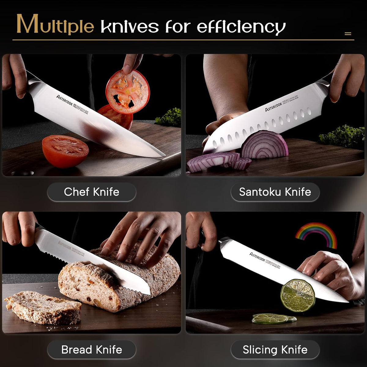 Knife Set, Kitchen Knives Set with Block and Dual Sharpener Full Tang 15 Pcs German Stainless Steel Knives Sharp Blade Dishwasher Safe Knife Set with Ergonomic Handle, Elegant Black
