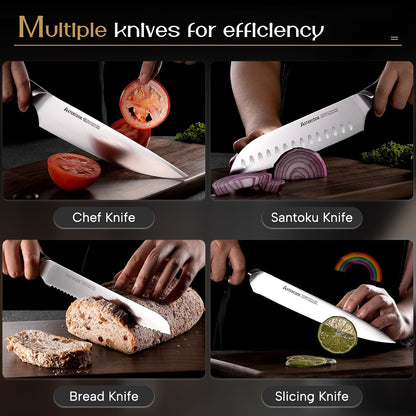 Knife Set, Kitchen Knives Set with Block and Dual Sharpener Full Tang 15 Pcs German Stainless Steel Knives Sharp Blade Dishwasher Safe Knife Set with Ergonomic Handle, Elegant Black