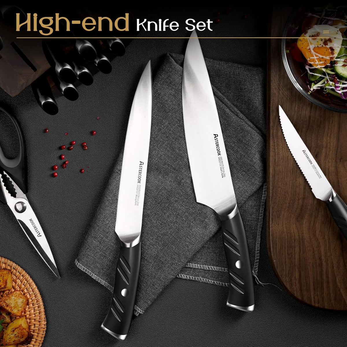 Knife Set, Kitchen Knives Set with Block and Dual Sharpener Full Tang 15 Pcs German Stainless Steel Knives Sharp Blade Dishwasher Safe Knife Set with Ergonomic Handle, Elegant Black