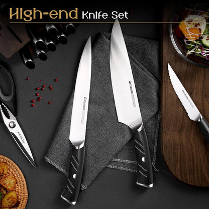 Knife Set, Kitchen Knives Set with Block and Dual Sharpener Full Tang 15 Pcs German Stainless Steel Knives Sharp Blade Dishwasher Safe Knife Set with Ergonomic Handle, Elegant Black