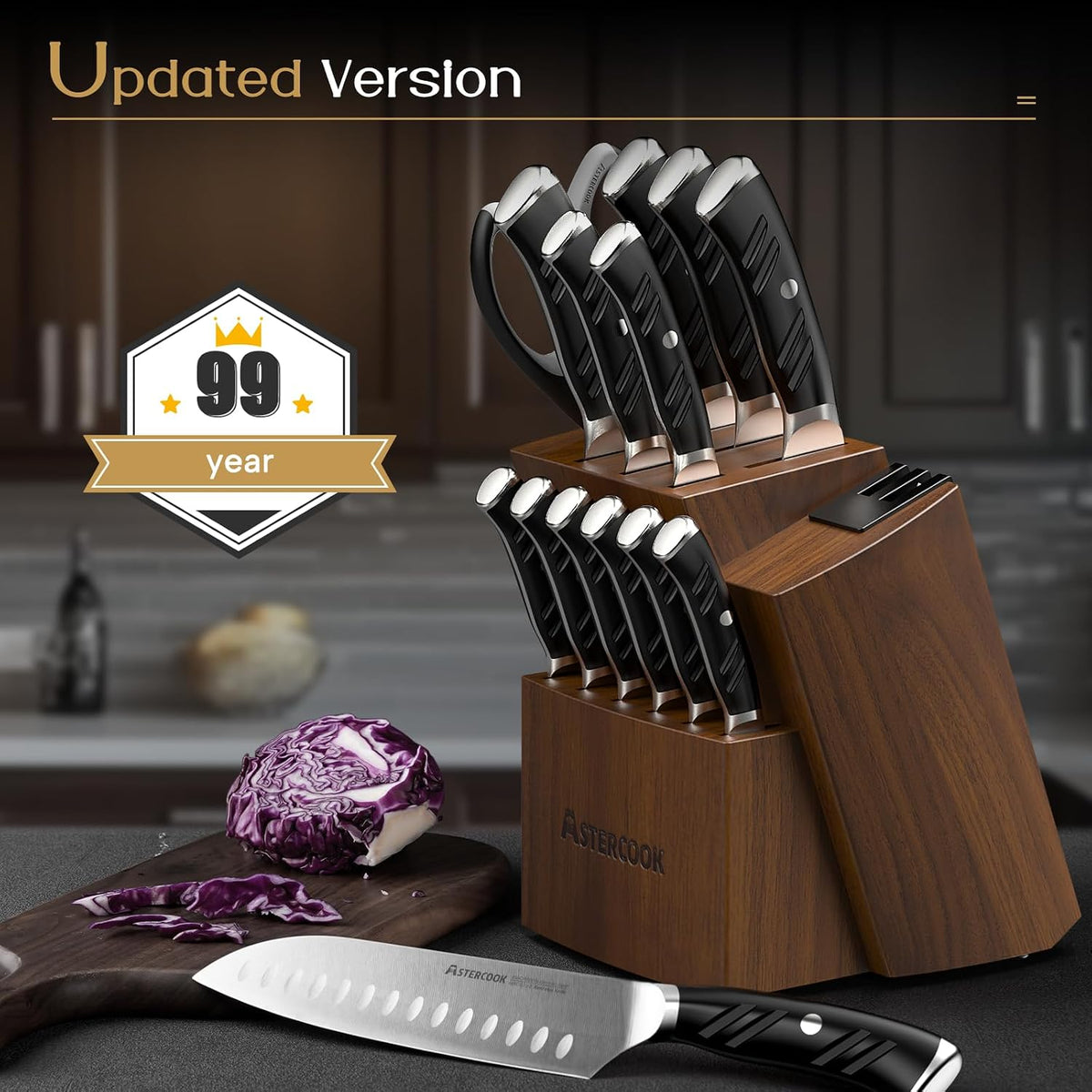 Knife Set, Kitchen Knives Set with Block and Dual Sharpener Full Tang 15 Pcs German Stainless Steel Knives Sharp Blade Dishwasher Safe Knife Set with Ergonomic Handle, Elegant Black
