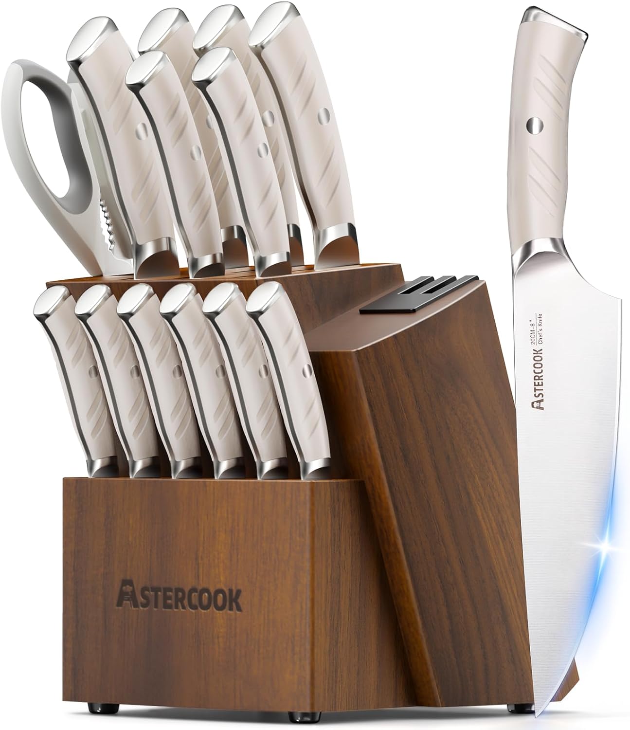 Knife Set, Kitchen Knives Set with Block and Dual Sharpener Full Tang 15 Pcs German Stainless Steel Knives Sharp Blade Dishwasher Safe Knife Set with Ergonomic Handle, Elegant Black