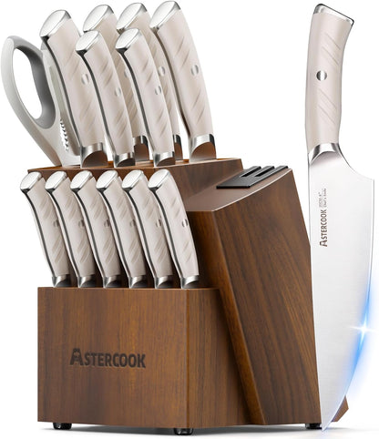 Knife Set, Kitchen Knives Set with Block and Dual Sharpener Full Tang 15 Pcs German Stainless Steel Knives Sharp Blade Dishwasher Safe Knife Set with Ergonomic Handle, Elegant Black