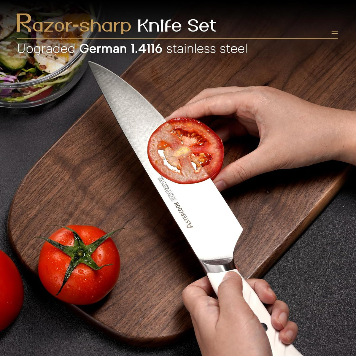 Knife Set, Kitchen Knives Set with Block and Dual Sharpener Full Tang 15 Pcs German Stainless Steel Knives Sharp Blade Dishwasher Safe Knife Set with Ergonomic Handle, Elegant Black