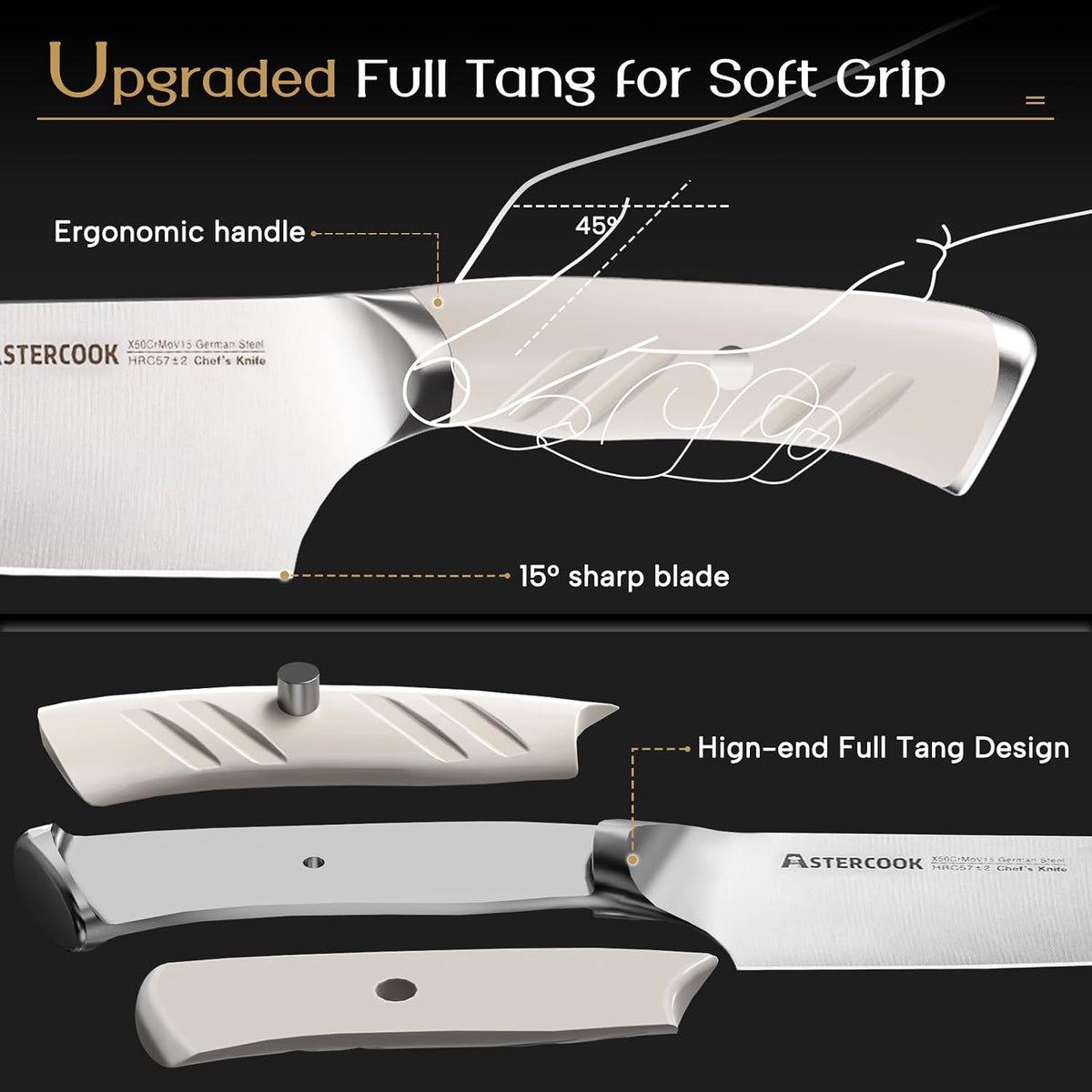 Knife Set, Kitchen Knives Set with Block and Dual Sharpener Full Tang 15 Pcs German Stainless Steel Knives Sharp Blade Dishwasher Safe Knife Set with Ergonomic Handle, Elegant Black