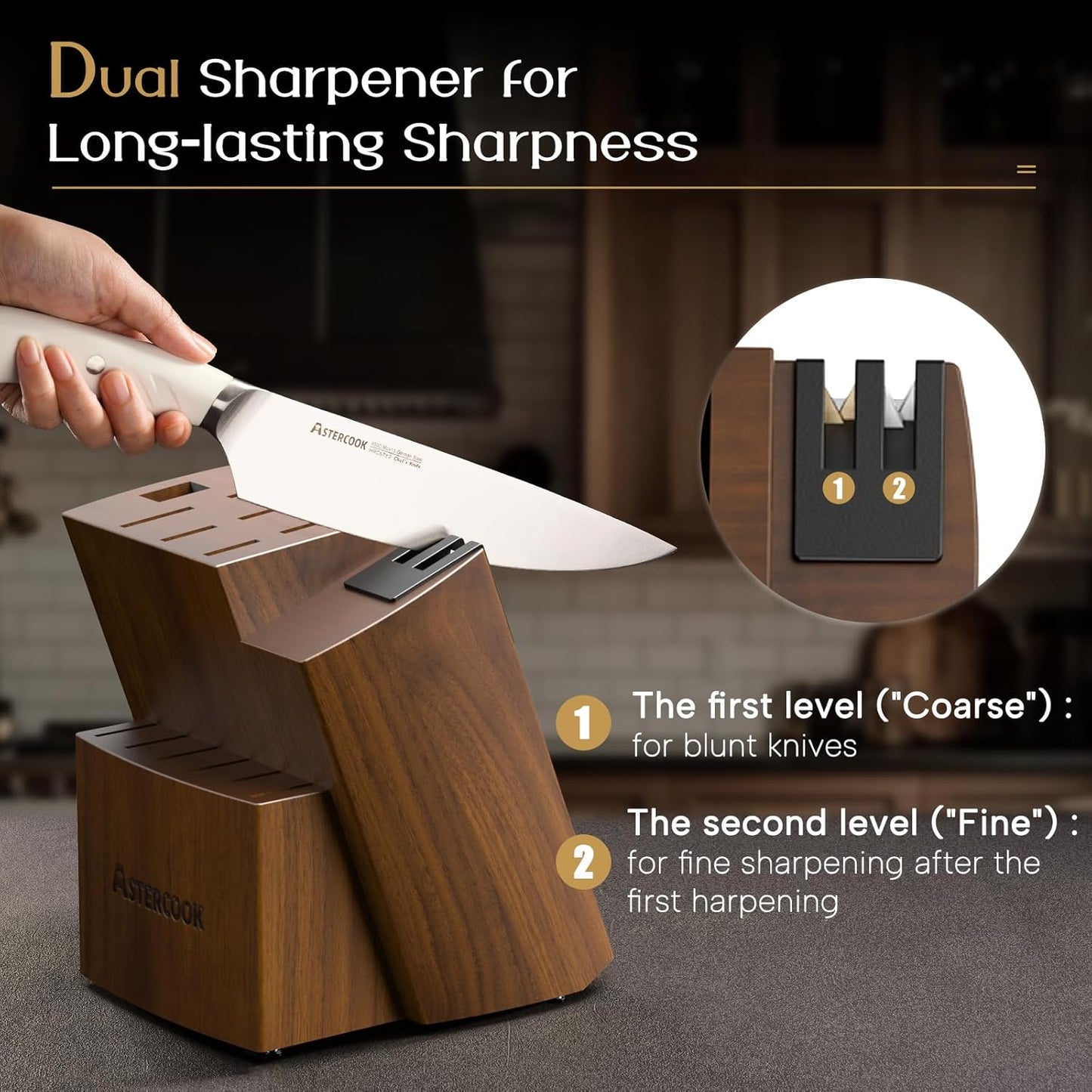 Knife Set, Kitchen Knives Set with Block and Dual Sharpener Full Tang 15 Pcs German Stainless Steel Knives Sharp Blade Dishwasher Safe Knife Set with Ergonomic Handle, Elegant Black