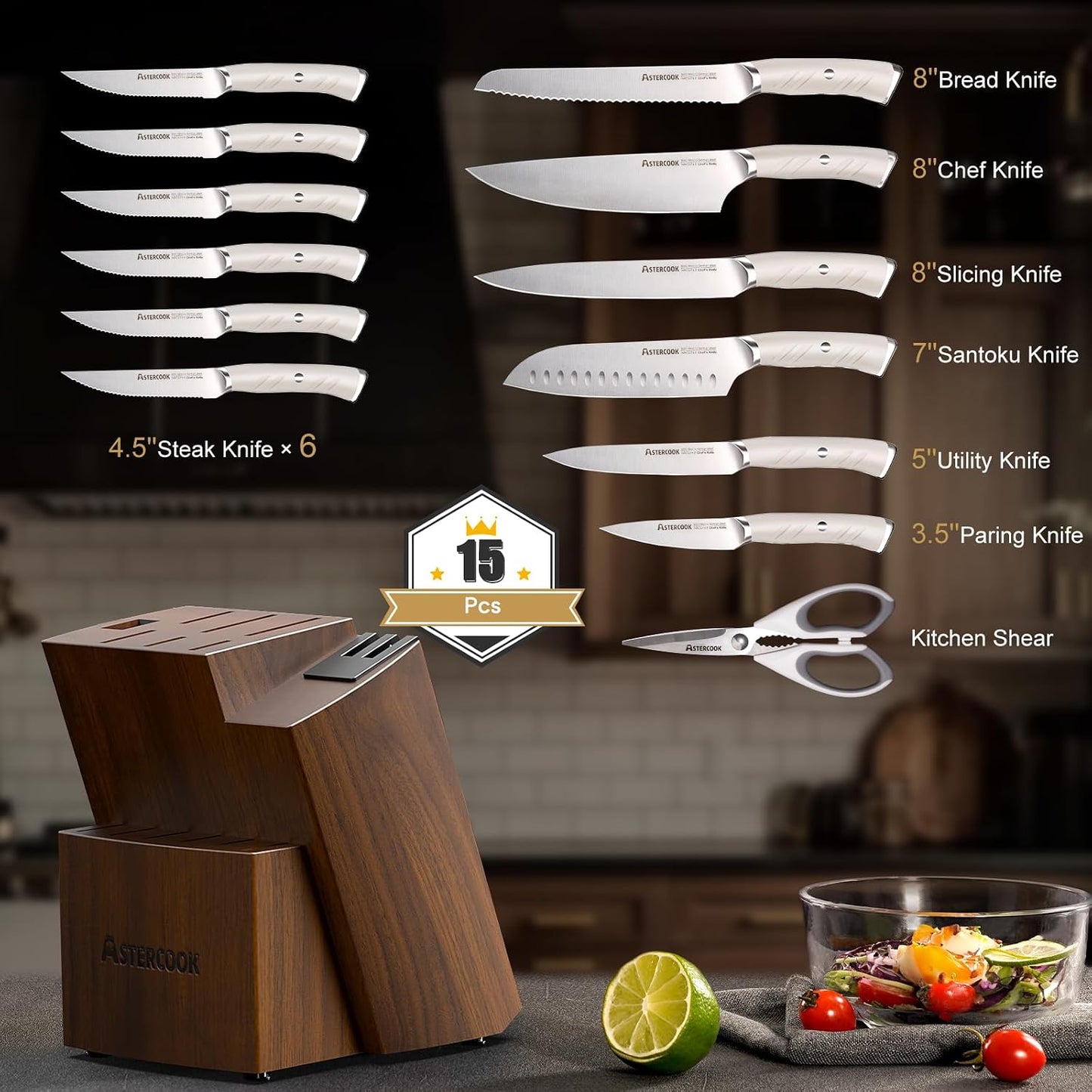 Knife Set, Kitchen Knives Set with Block and Dual Sharpener Full Tang 15 Pcs German Stainless Steel Knives Sharp Blade Dishwasher Safe Knife Set with Ergonomic Handle, Elegant Black