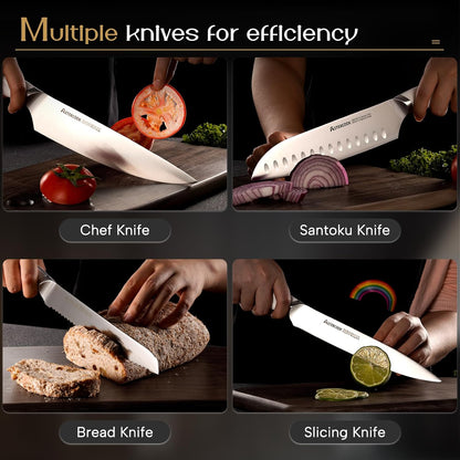 Knife Set, Kitchen Knives Set with Block and Dual Sharpener Full Tang 15 Pcs German Stainless Steel Knives Sharp Blade Dishwasher Safe Knife Set with Ergonomic Handle, Elegant Black