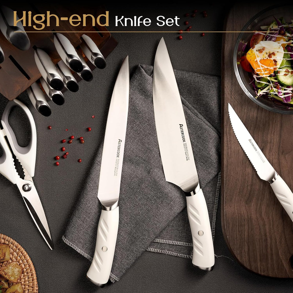 Knife Set, Kitchen Knives Set with Block and Dual Sharpener Full Tang 15 Pcs German Stainless Steel Knives Sharp Blade Dishwasher Safe Knife Set with Ergonomic Handle, Elegant Black