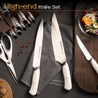 Knife Set, Kitchen Knives Set with Block and Dual Sharpener Full Tang 15 Pcs German Stainless Steel Knives Sharp Blade Dishwasher Safe Knife Set with Ergonomic Handle, Elegant Black