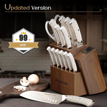 Knife Set, Kitchen Knives Set with Block and Dual Sharpener Full Tang 15 Pcs German Stainless Steel Knives Sharp Blade Dishwasher Safe Knife Set with Ergonomic Handle, Elegant Black
