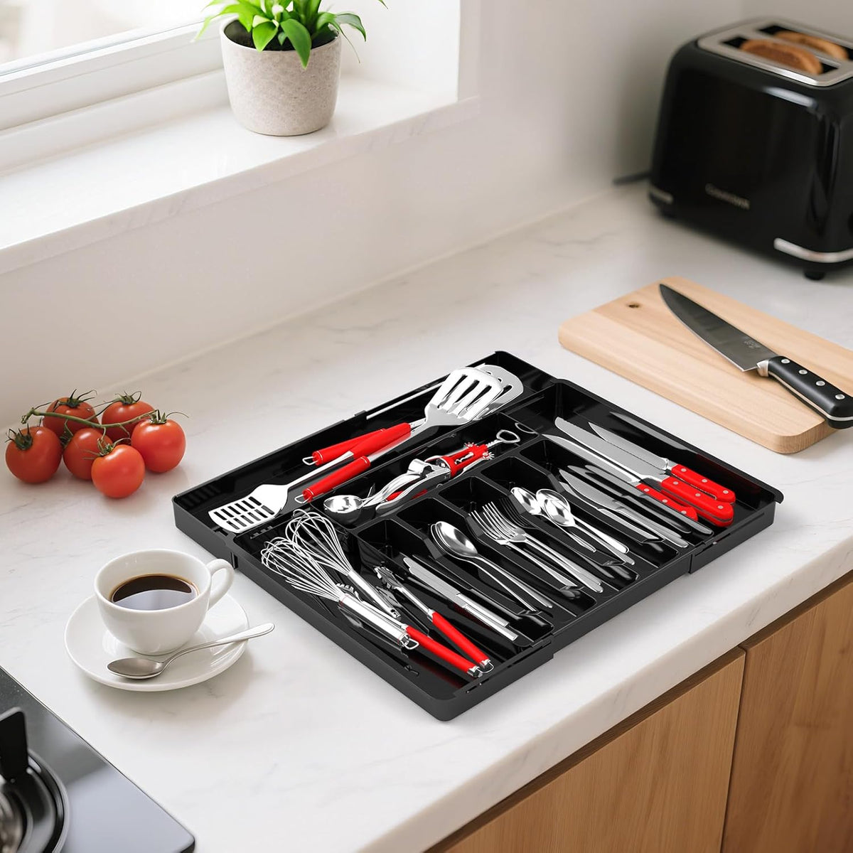 Large Silverware Organizer, Expandable BPA Free Kitchen Silverware Drawer Organizer, 9 Slots Cutlery Utensil Tray with Dividers, Adjustable Flatware Storage Holder for Spoons Forks Knives