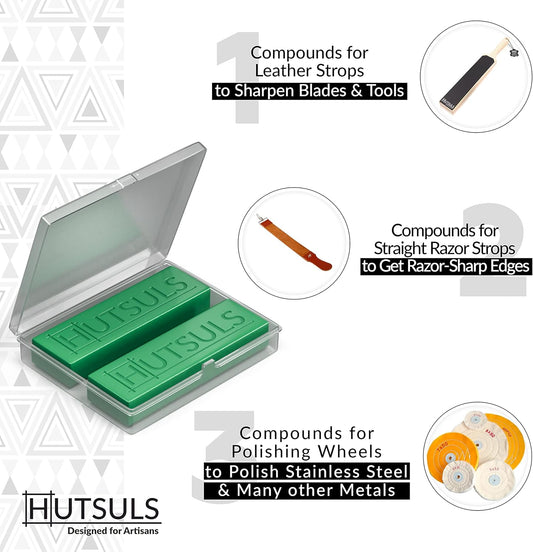 Knife Stropping Compound With Case - (2-Pack, 5 Oz Total) for Razor-Sharp Edges, Green Buffing Bars Easy to Use With Leather Strop Guide