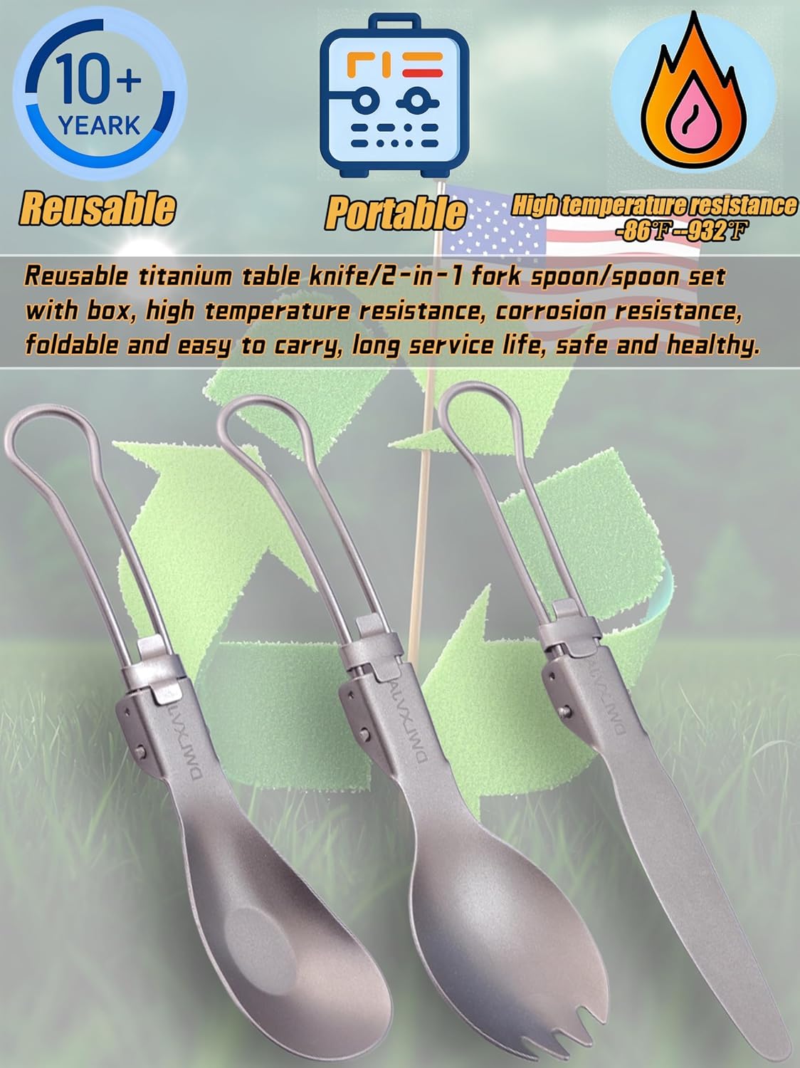 Titanium Camping Utensils Set, 3-Piece Foldable Spork Spoon Knife with Case, 0.15lb Lightweight Travel Flatware for Backpacking Outdoor Hiking Office Lunch, Reusable Eco-Friendly Gift