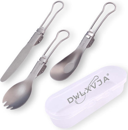 Titanium Camping Utensils Set, 3-Piece Foldable Spork Spoon Knife with Case, 0.15lb Lightweight Travel Flatware for Backpacking Outdoor Hiking Office Lunch, Reusable Eco-Friendly Gift