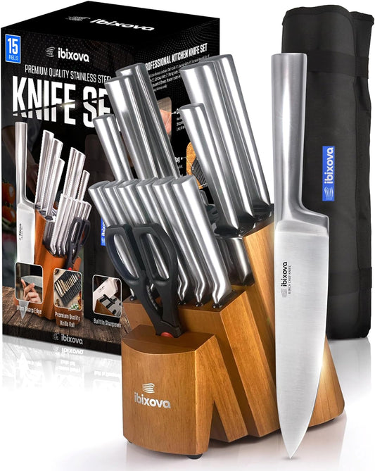 Knife Set, High Carbon Stainless Steel 15-Pieces Kitchen knife Set- knife sets for kitchen with Block and Built in Sharpener-Premium quality oxford Knife Roll bag to store kitchen knives