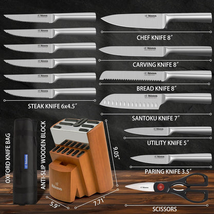 Knife Set, High Carbon Stainless Steel 15-Pieces Kitchen knife Set- knife sets for kitchen with Block and Built in Sharpener-Premium quality oxford Knife Roll bag to store kitchen knives