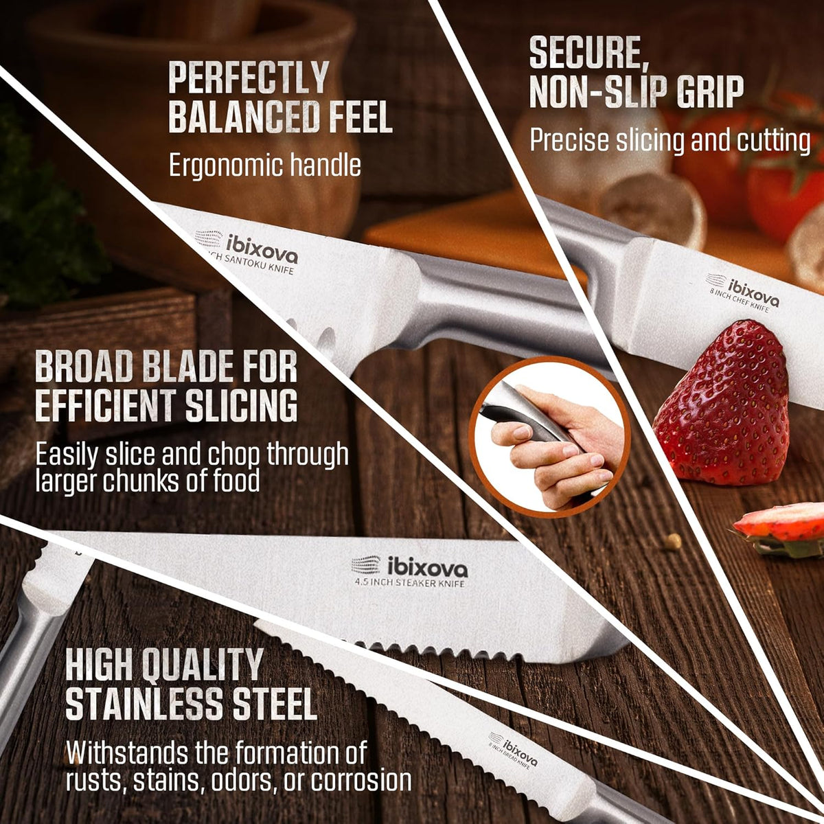 Knife Set, High Carbon Stainless Steel 15-Pieces Kitchen knife Set- knife sets for kitchen with Block and Built in Sharpener-Premium quality oxford Knife Roll bag to store kitchen knives