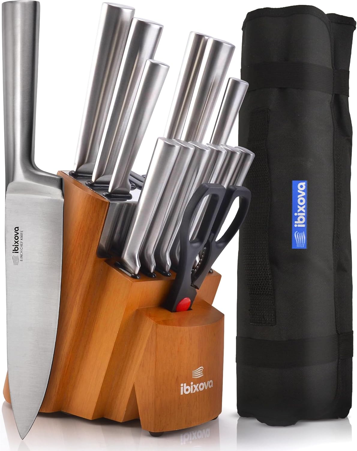 Knife Set, High Carbon Stainless Steel 15-Pieces Kitchen knife Set- knife sets for kitchen with Block and Built in Sharpener-Premium quality oxford Knife Roll bag to store kitchen knives
